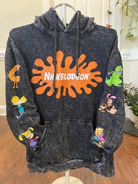 Nickelodeon Mineral Wash Fleece Graphic Hoodie 90s Cartoon Characters - small